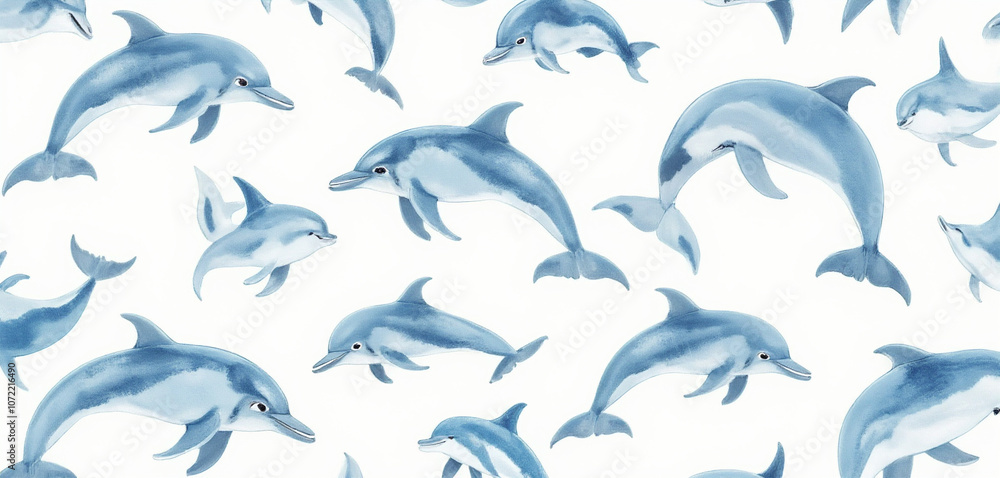 Fototapeta premium Playful dolphin pattern in watercolor with splashing waves