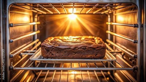 A freshly baked chocolate cake rests on a baking sheet in a warm oven, bathed in golden light.