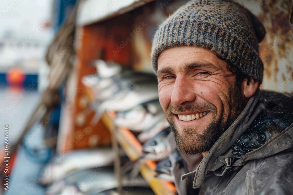 Portrait of a happy fisherman with a beard wearing a beanie Portrait of a happy fisherman with a beard wearing a beanie