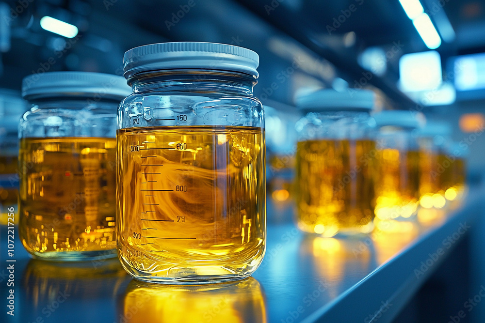 Yellow liquid in glass jars on a lab table during evening hours Yellow liquid in glass jars on a lab table during evening hours
