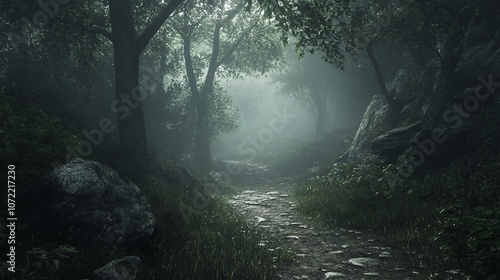 A dark and moody forest pathway covered in mist. Photo compo photo