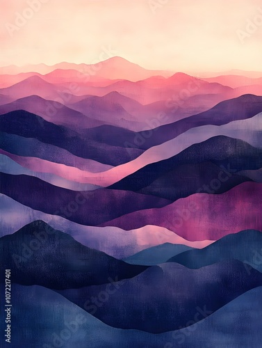 An abstract landscape featuring layered mountains in shades of purple, pink, and blue, creating a serene and dreamy atmosphere perfect for modern decor.