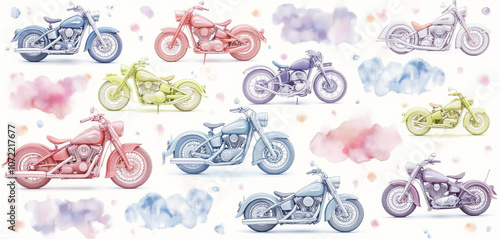  Pattern of vintage motorcycles in bright pastel colors