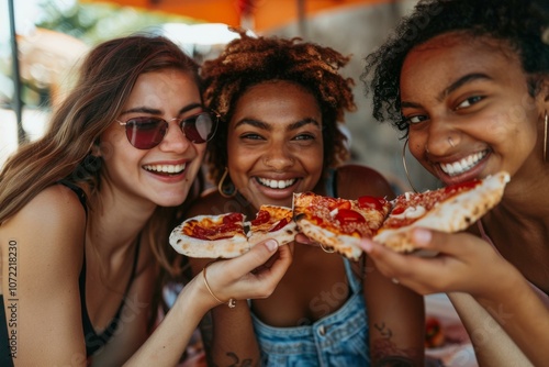 Three young multiethnic women eating pizza together