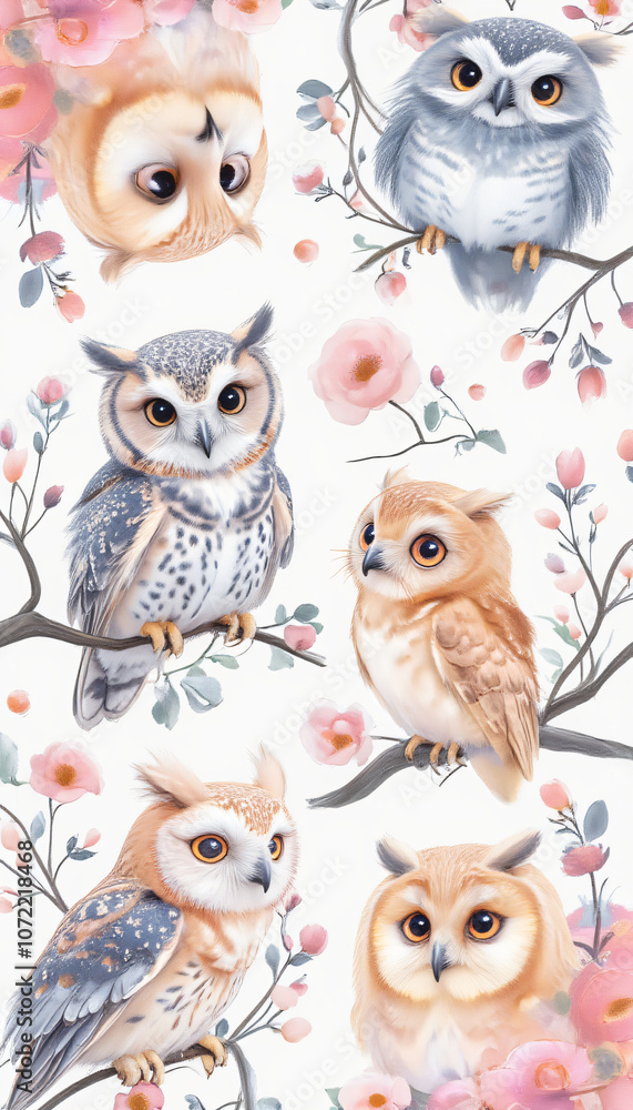 Fototapeta premium Watercolor owls perched on branches in a forest-themed pattern