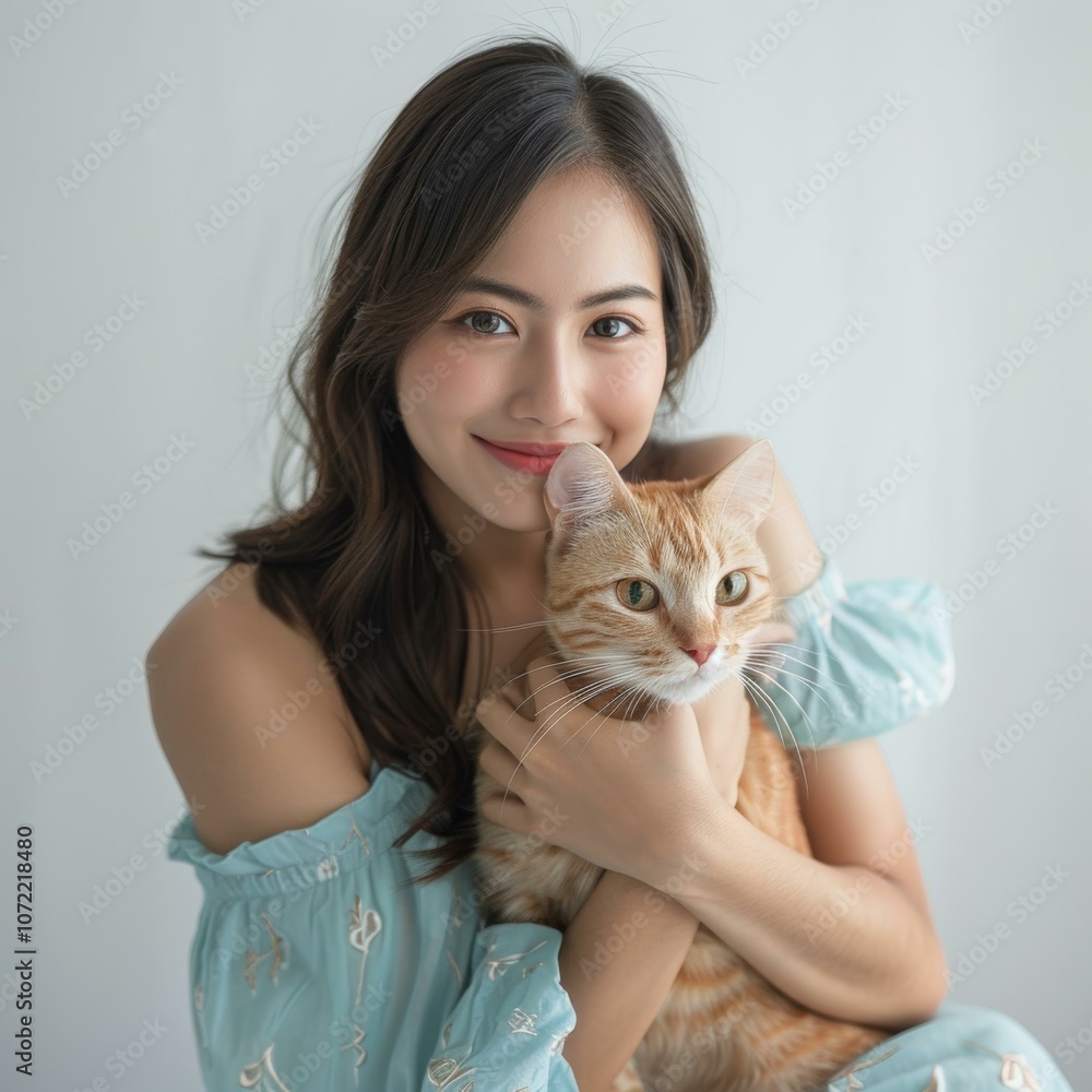 A young woman is holding an orange cat A young woman is holding an orange cat