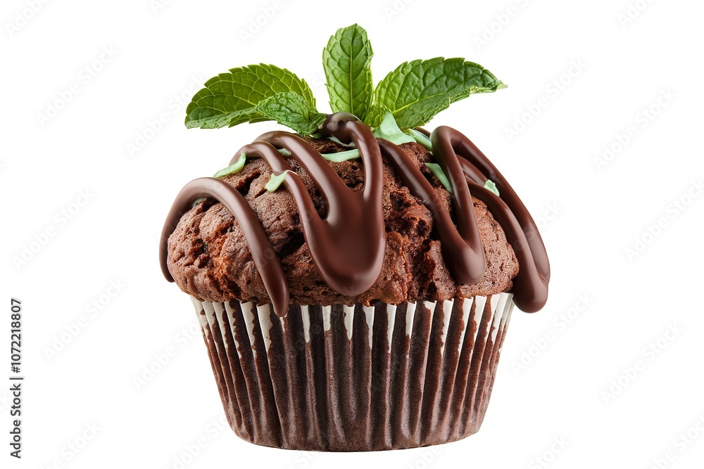 a chocolate muffin with chocolate sauce and mint a chocolate muffin with chocolate sauce and mint
