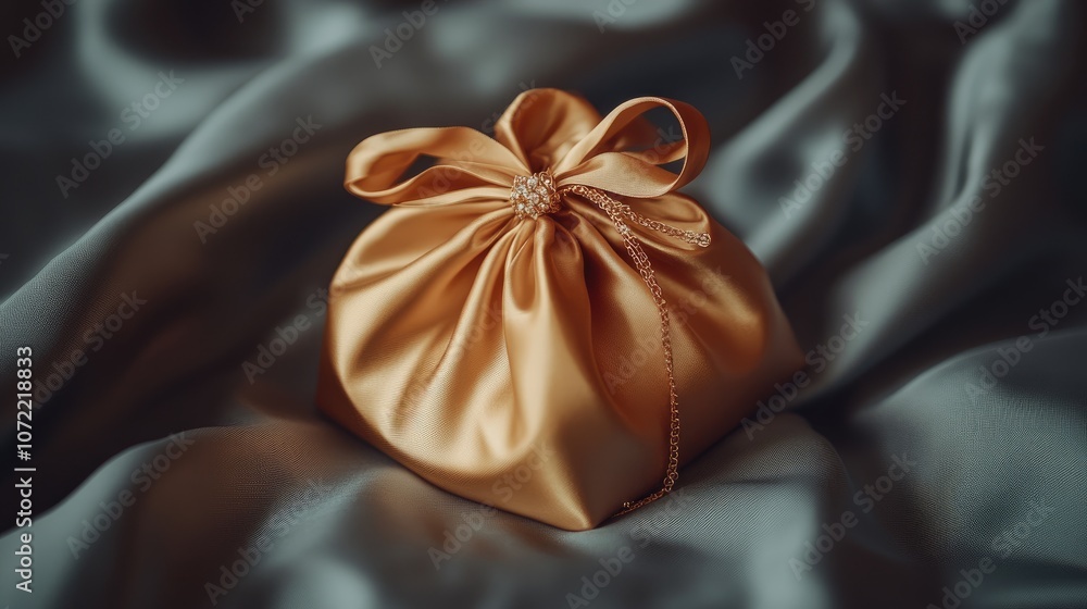 Elegant Golden Satin Gift Bag on Soft Fabric Background, Perfect for Special Occasions, Weddings, Birthdays, and Holiday Gifting Celebrations with a Touch of Luxury and Class Elegant Golden Satin Gift Bag on Soft Fabric Background, Perfect for Special Occasions, Weddings, Birthdays, and Holiday Gifting Celebrations with a Touch of Luxury and Class