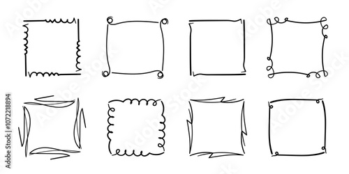 Square frames doodle set,hand-drawn monograms.Edgings and cadres with simple sketchy design elements.Isolated. Vector illustration.