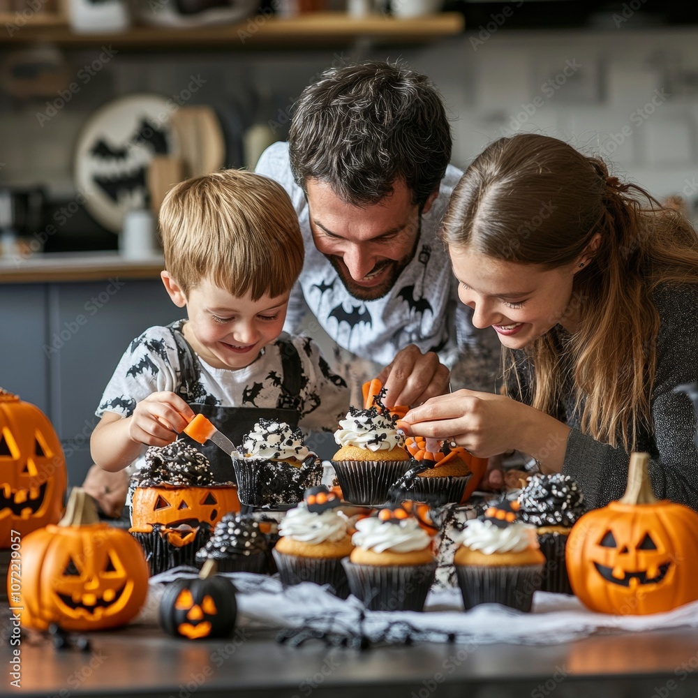 Fototapeta premium Family Decorating Halloween Cupcakes.