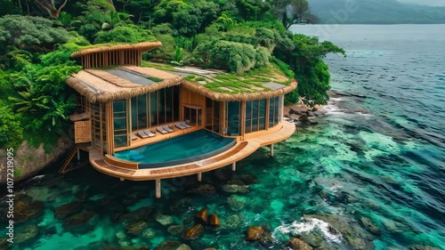 Luxurious eco-friendly villa on a tropical island surrounded by clear waters