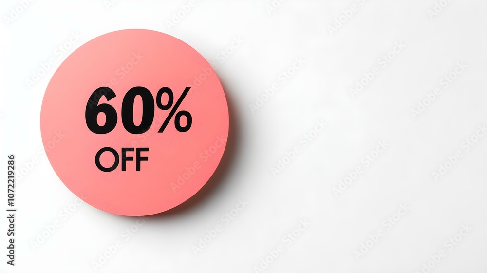 Black '60% OFF' Text on a Light Red Round Paper Note. White Background with Copy Space Black '60% OFF' Text on a Light Red Round Paper Note. White Background with Copy Space