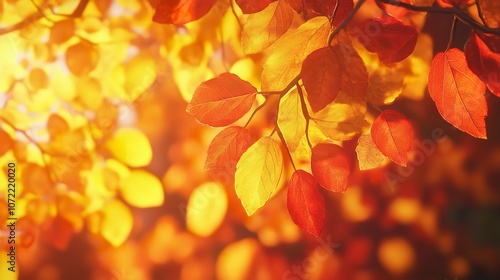 autumn with a defocused glow resembling gentle sunlight and sharp images of leaves changing color at different stages prominently displayed