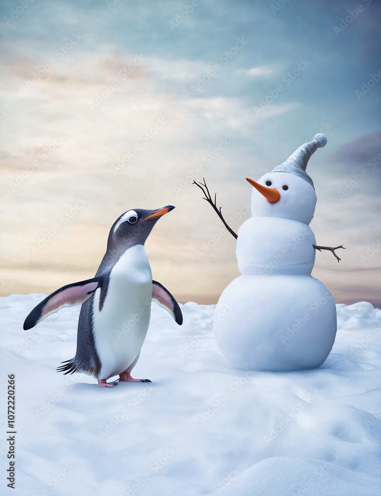 Obraz premium A playful penguin builds a snowman in a winter wonderland under a soft, glowing sky during a snowy afternoon