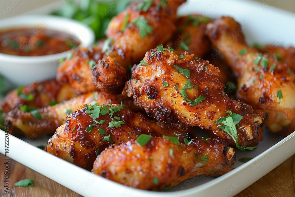 A plate of delicious looking chicken wings with a bowl of sauce A plate of delicious looking chicken wings with a bowl of sauce