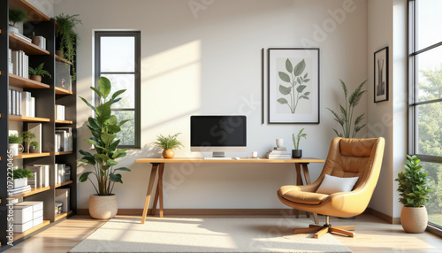 Modern Office Space with Sleek Desk, Books, Plants, and Windows.