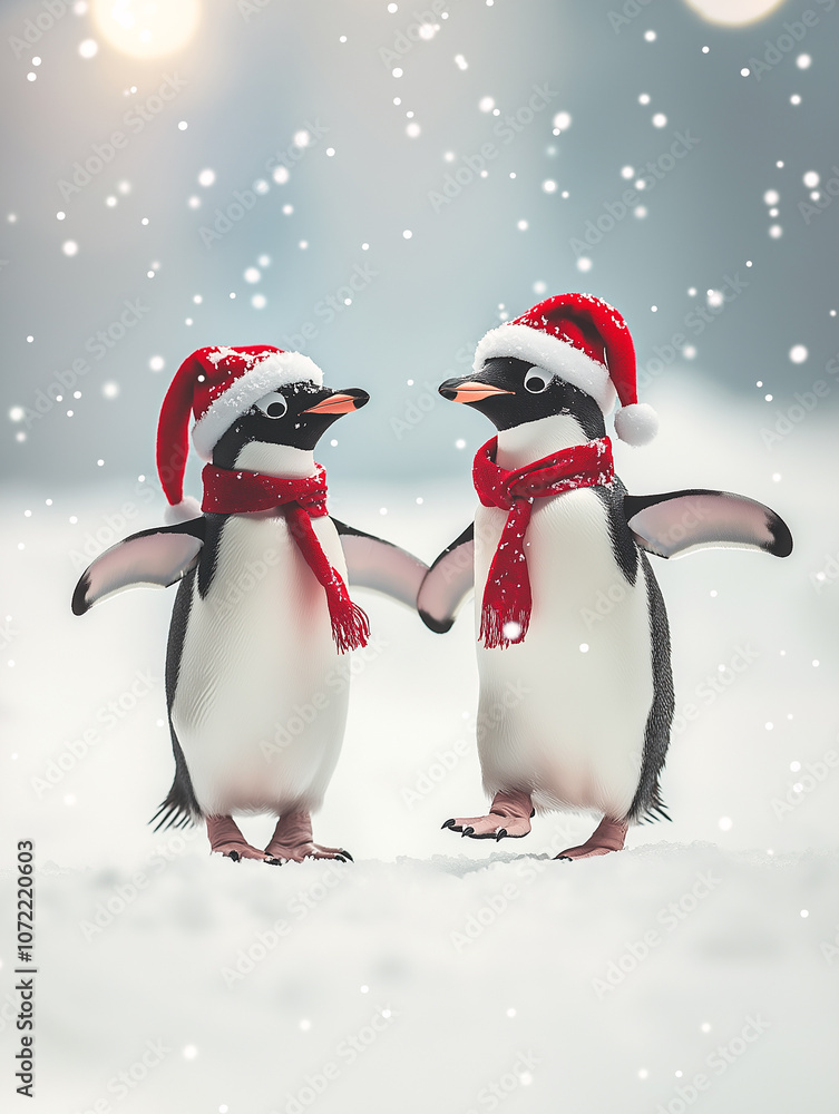 Fototapeta premium Penguins wearing red hats and scarves celebrate Christmas in a snowy landscape during the winter holiday season