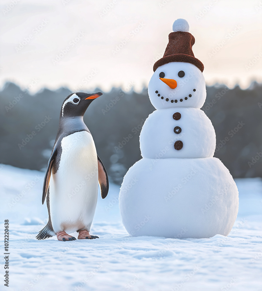 Fototapeta premium A playful penguin builds a snowman in a winter wonderland under a soft, glowing sky during a snowy afternoon
