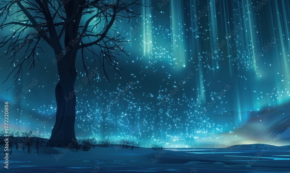 Silhouette of a bare tree under glowing northern lights with starry sky. Night landscape illustration. Silhouette of a bare tree under glowing northern lights with starry sky. Night landscape illustration.
