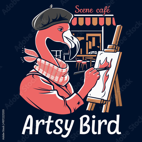 Flamingo Artist Painting at Scenic Café in Retro Style - Artsy Bird - T-Shirt Print Design