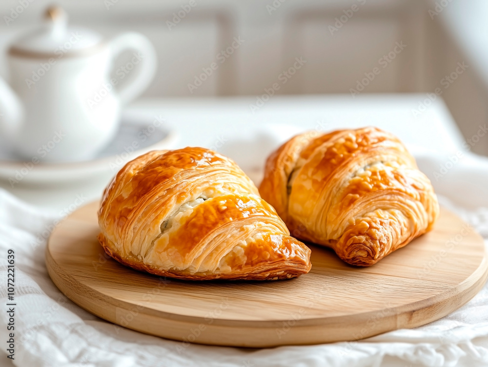 Two croissants on a wooden plate Two croissants on a wooden plate