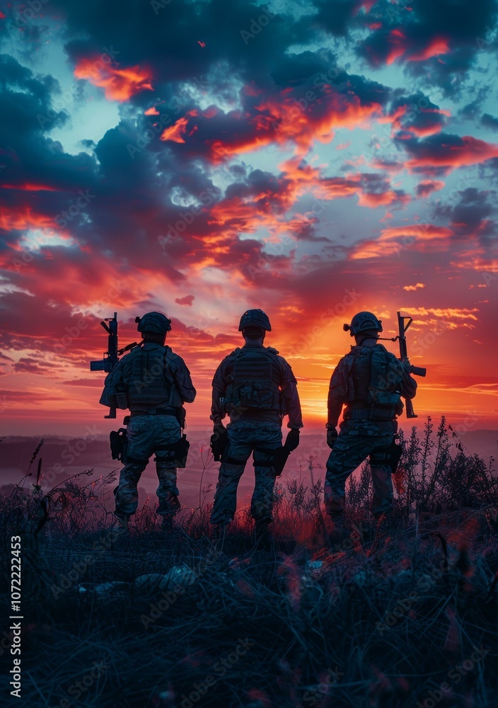 Three soldiers standing on a hilltop watching the sunset Three soldiers standing on a hilltop watching the sunset