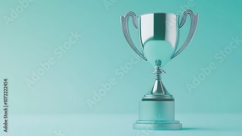 A shiny trophy on a soft teal background, symbolizing achievement and success.