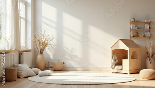 Cozy Room with Wooden Play Area and Natural Light Streaming In