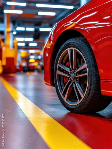 Dynamic Close-Up of a Red Sports Car Wheel in a Modern Automotive Showroom with Bright Lighting and Vibrant Floor Colors