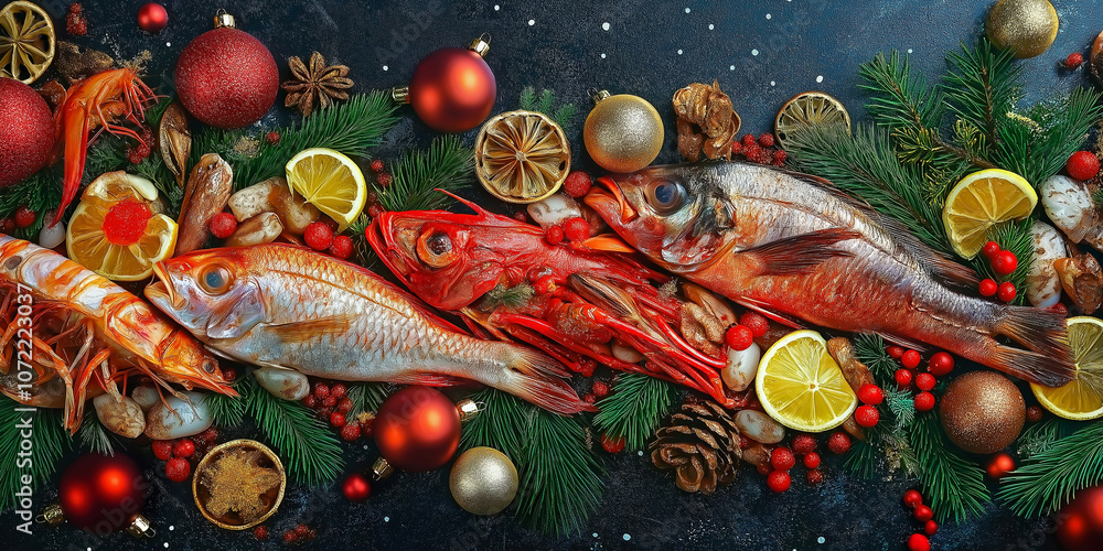 Feast of Seven Fishes with Christmas Decoration Food. Christmas Food Background Feast of Seven Fishes with Christmas Decoration Food. Christmas Food Background