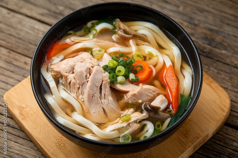 A photo of a bowl of chicken soup with noodles and vegetables A photo of a bowl of chicken soup with noodles and vegetables