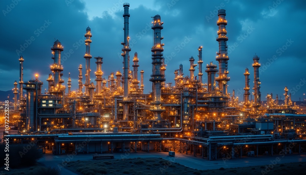 Striking Industrial Refinery Complex Illuminated at Dusk with Pipes. Striking Industrial Refinery Complex Illuminated at Dusk with Pipes.