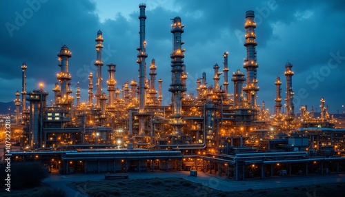 Striking Industrial Refinery Complex Illuminated at Dusk with Pipes.