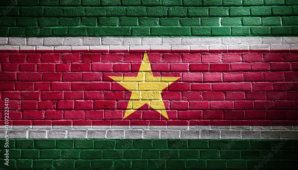 スリナムの国旗がペイントされたレンガの壁。(Brick wall painted with the Suriname flag.)
スリナムの国旗がペイントされたレンガの壁。(Brick wall painted with the Suriname flag.)