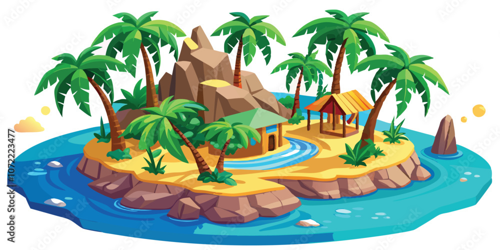 Obraz premium Tropical island illustration vibrant colors with palm trees ideal for travel poster design