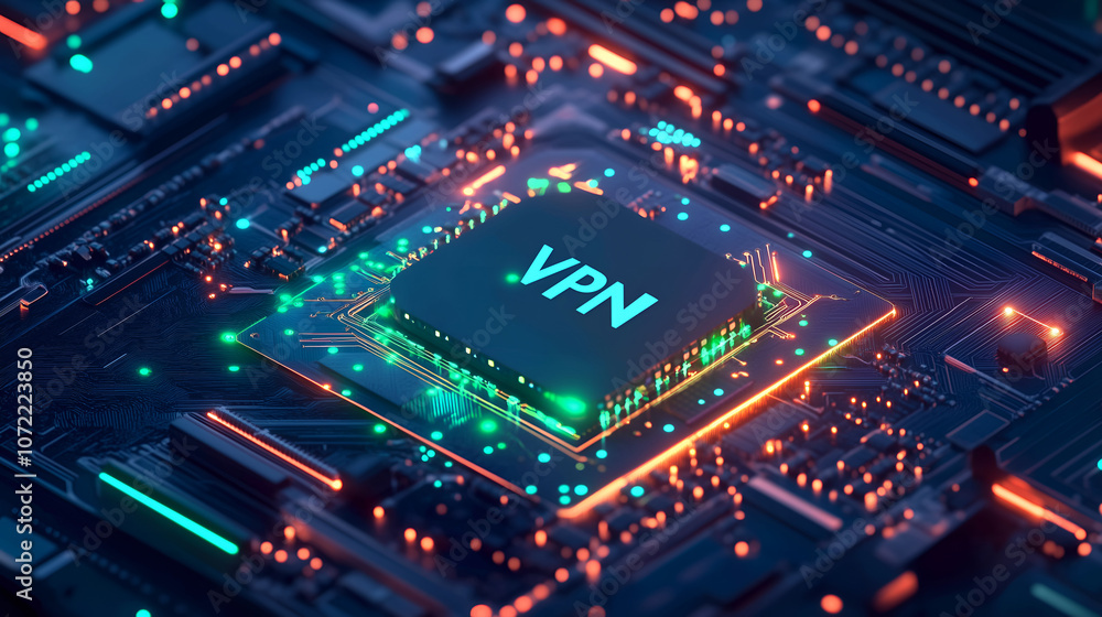 A close-up view of a glowing VPN chip on a dark circuit board. A close-up view of a glowing VPN chip on a dark circuit board.