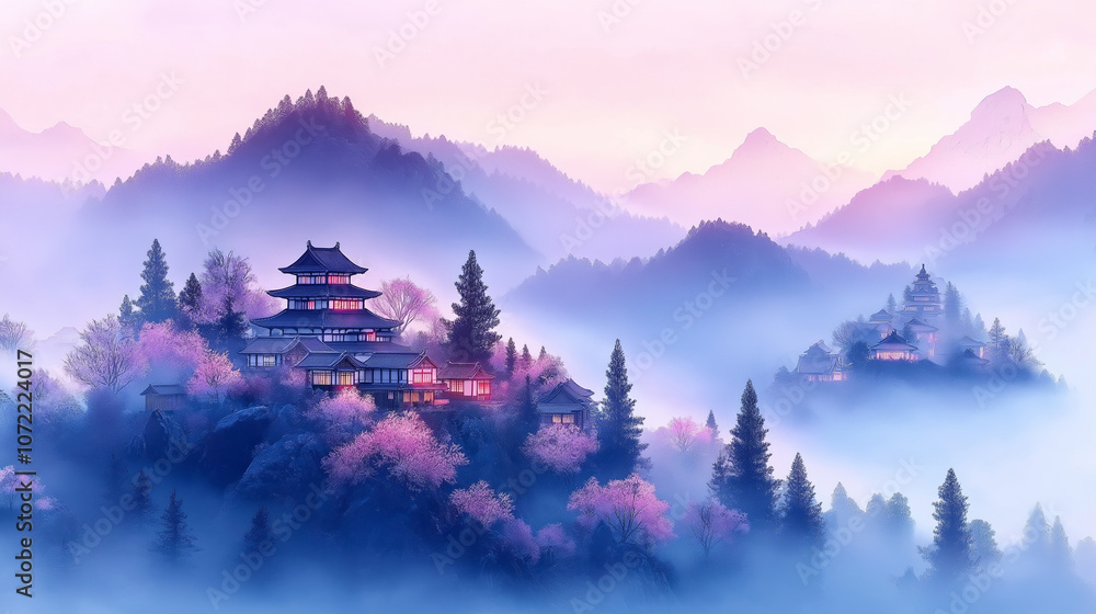 Obraz premium Serene Mountaintop Temple: A mystical Japanese temple nestled amidst a breathtaking landscape of fog-shrouded mountains and vibrant cherry blossoms.
