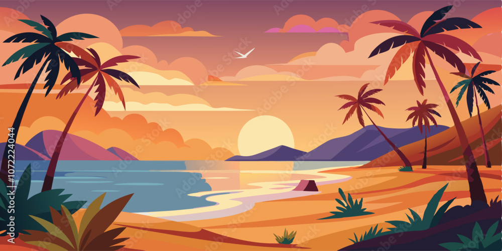 Retro beach sunset illustration in warm tones, vector artwork, perfect summer paradise poster Retro beach sunset illustration in warm tones, vector artwork, perfect summer paradise poster