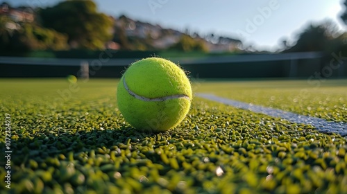 A green tennis ball on a tennis court with a blurred background photo