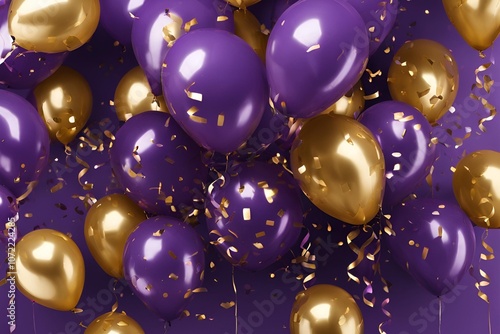 A vibrant celebration with purple and gold balloons and confetti