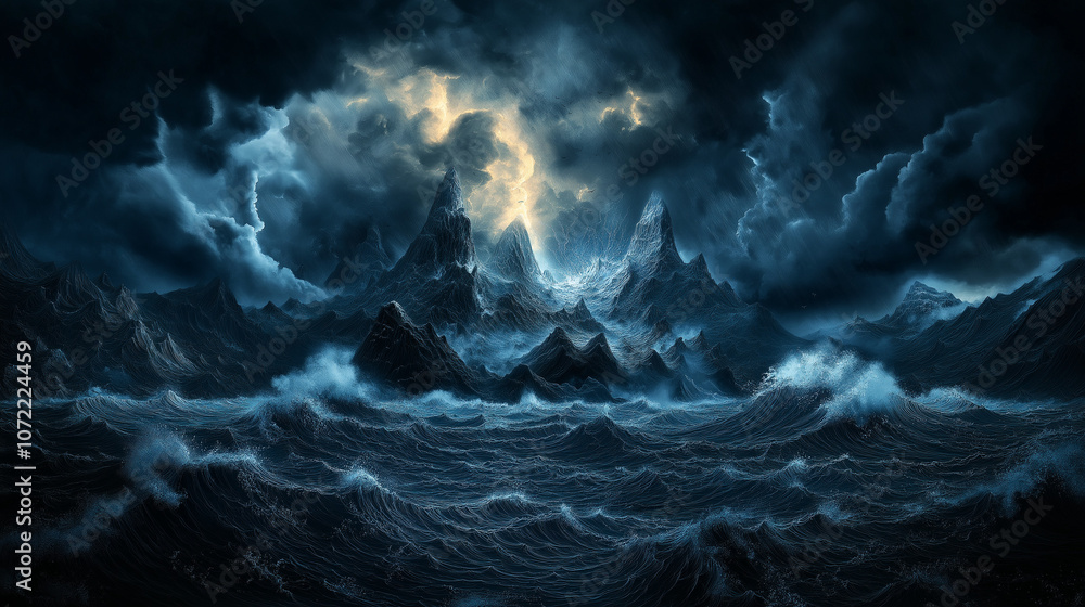 Obraz premium Stormy Seascapes: A dramatic digital painting of a stormy seascape with jagged mountain peaks shrouded in dark clouds, illuminated by a single lightning bolt. The scene evokes a sense of power.