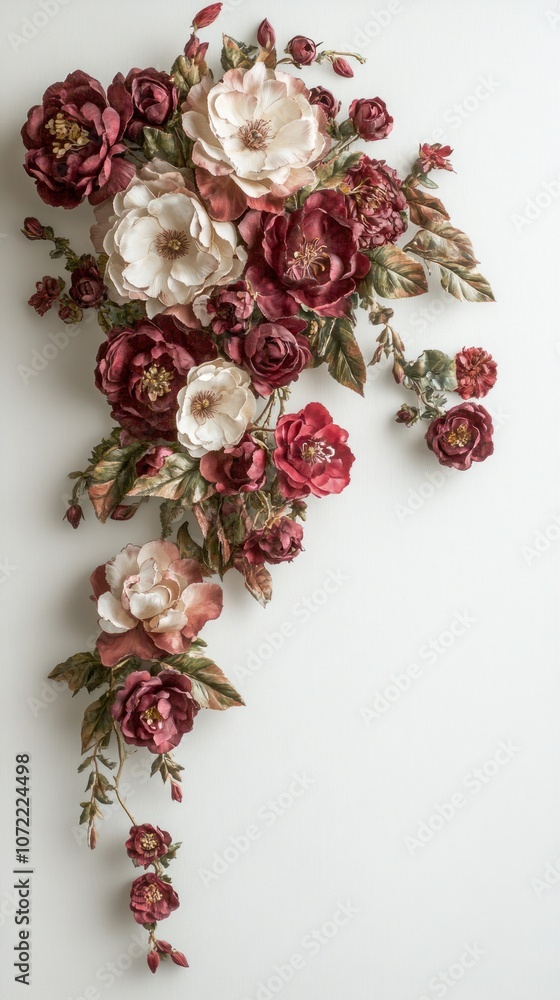 A decorative arrangement of intricately crafted flowers in various shades on a light background. A decorative arrangement of intricately crafted flowers in various shades on a light background.