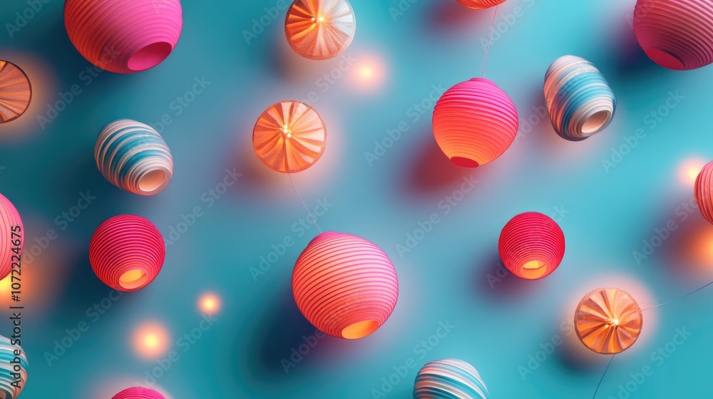 New Year lights and lanterns flat design top view cultural theme 3D render colored pastel New Year lights and lanterns flat design top view cultural theme 3D render colored pastel