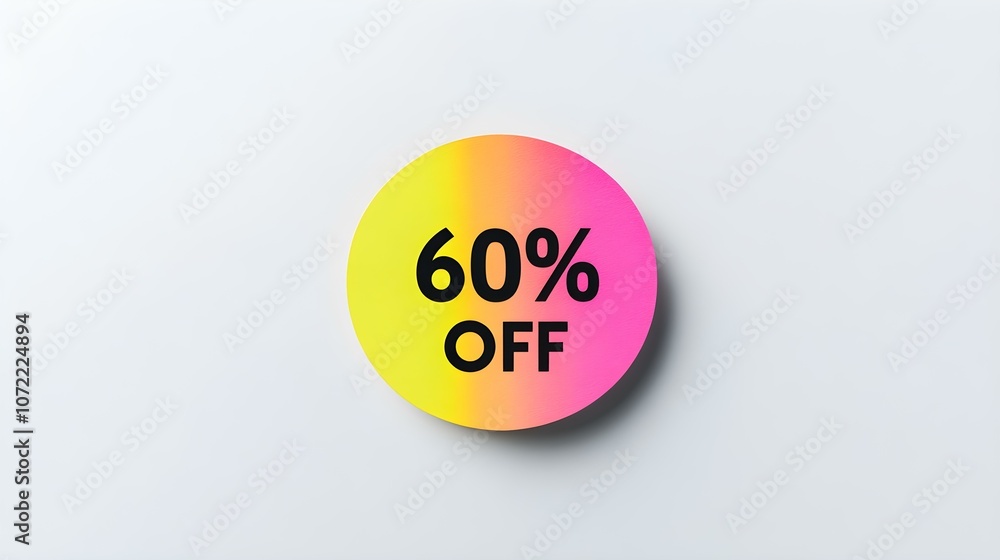 Black '60% OFF' Text on a Multicolor Round Paper Note. White Background with Copy Space Black '60% OFF' Text on a Multicolor Round Paper Note. White Background with Copy Space