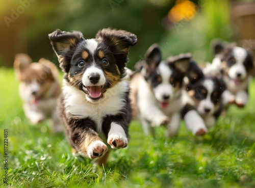 A pack of Australian Shepherd puppies are running on the grass