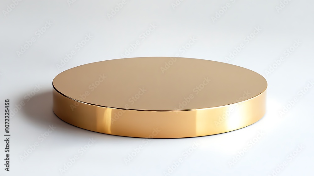 A smooth, reflective gold circular platform suitable for product displays or presentations. A smooth, reflective gold circular platform suitable for product displays or presentations.