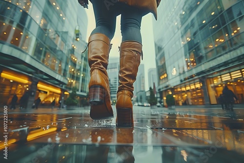 Urban street view from ground level capturing brown leather boots and reflective wet pavement against illuminated city storefronts, ideal for lifestyle and fashion marketing. photo