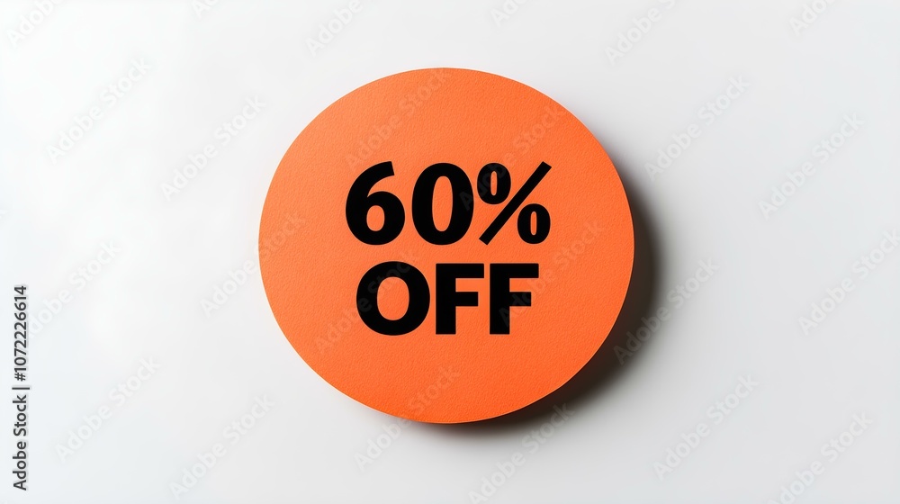 Black '60% OFF' Text on a Orange Round Paper Note. White Background with Copy Space Black '60% OFF' Text on a Orange Round Paper Note. White Background with Copy Space