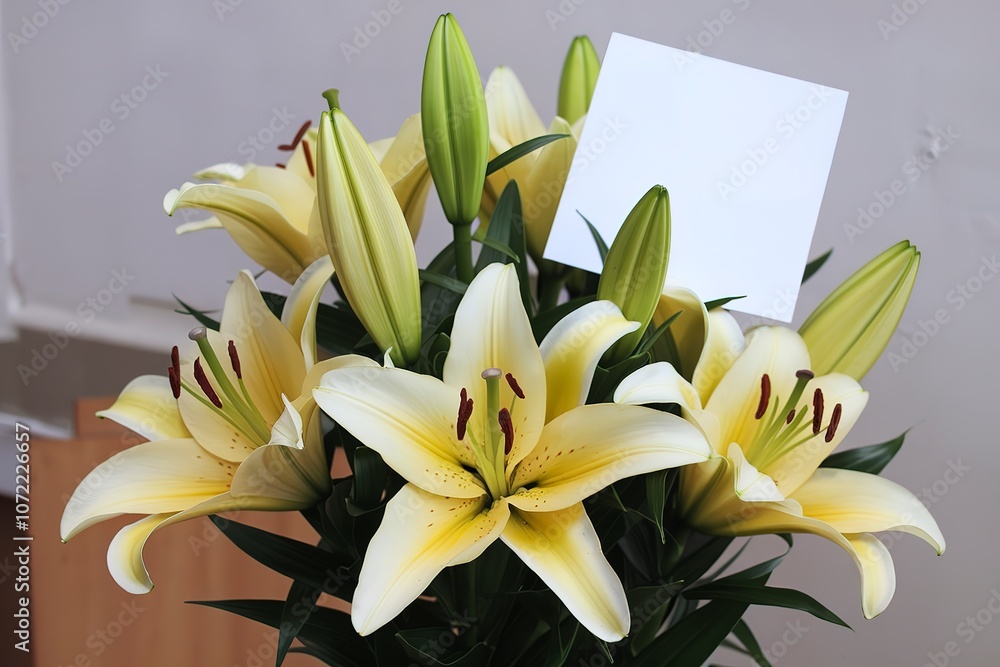 Obraz premium A bouquet of beautiful yellow lilies with a blank greeting card