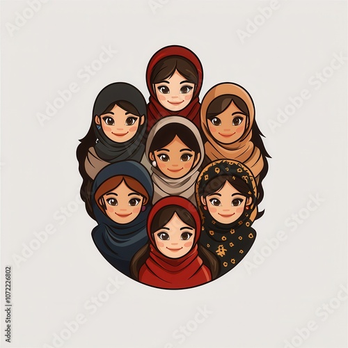 A colorful illustration featuring seven diverse women in hijabs, showcasing unity and cultural representation. photo